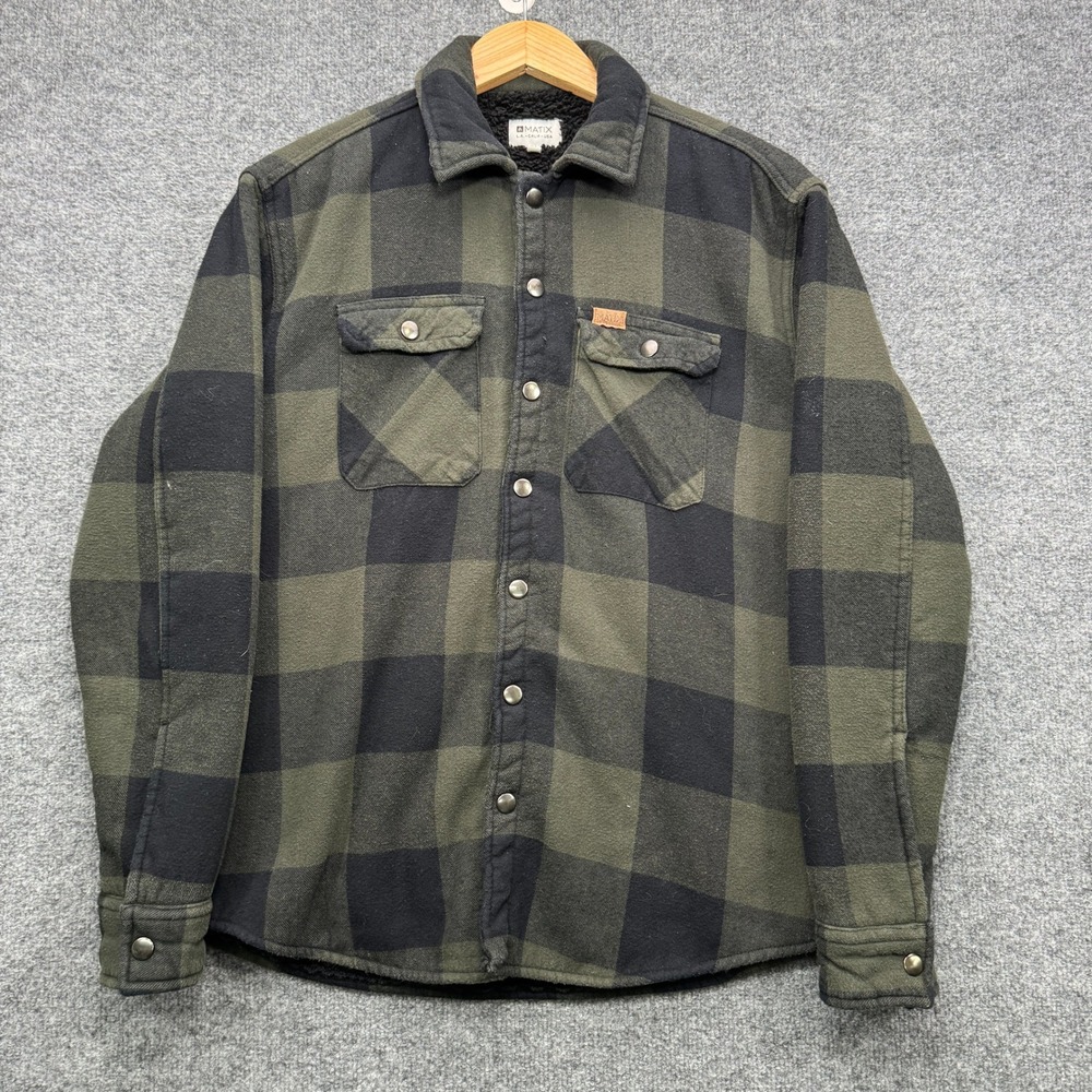 Matix Shirt Jacket Mens Medium Green Black Buffalo Plaid Sherpa Lined Outdoor